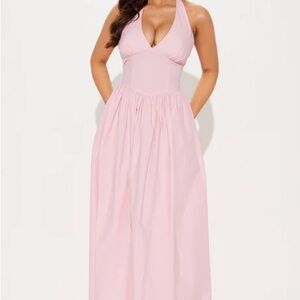 Sleeveless Pink Halter Maxi Dress